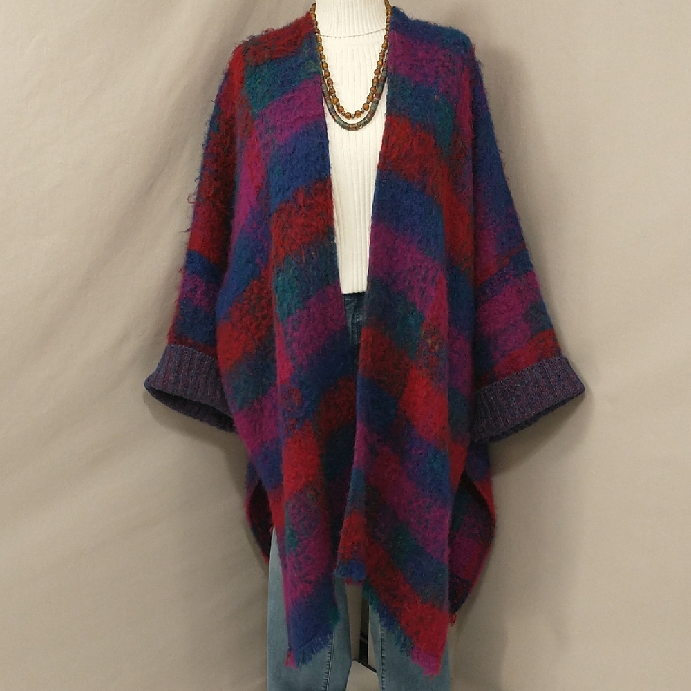 Colorful Plaid Vintage Sweater Poncho Fuzzy Bright Oversized Coat Japan Wool Bld